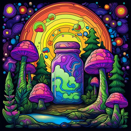 https:// a muscular hippie, psychedelic colors, pills, green plants. cartoon style, retro colors