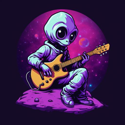 https:// a purple alien, in a purple hoodie, playing the guitar. cartoon style art, retro colors