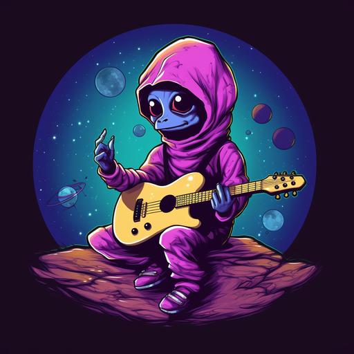 https:// a purple alien, in a purple hoodie, playing the guitar. cartoon style art, retro colors