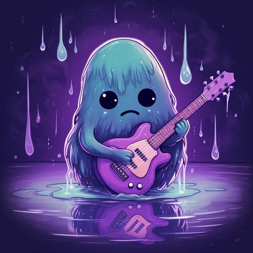 https:// a purple alien, melting sad emotions, playing a melting guitar, sad moody rain. cartoon style art, retro colors