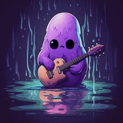 https:// a purple alien, melting sad emotions, playing a melting guitar, sad moody rain. cartoon style art, retro colors