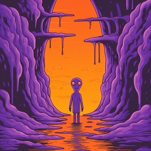 https:// a purple alien standing in an orange waterfall. cartoon style art, retro colors