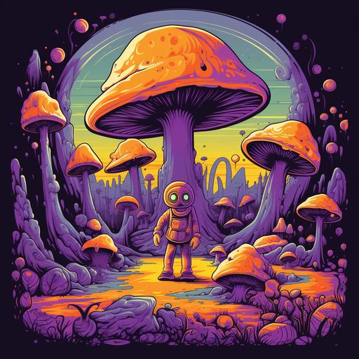 https:// a purple alien surrounded by different species of orange mushrooms. cartoon style art, retro colors