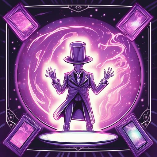 https:// a purple extraterrestrial alien in a tophat, performing magic, card magic, stage magic. pictures of ufo spaceships and aliens on picture frames, on the walls, on stage. cartoon style, retro colors