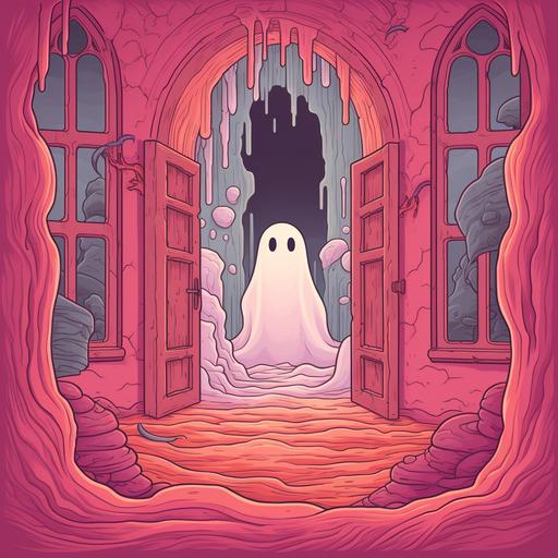https:// a smooth pink ghost, seeing into the past portal, windows to other dimesions. cartoon style art, retro colors