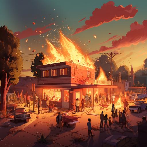 https:// a violent motel, people outside fighting, lots of people, fire, gunfire. cartoon style art, retro colors