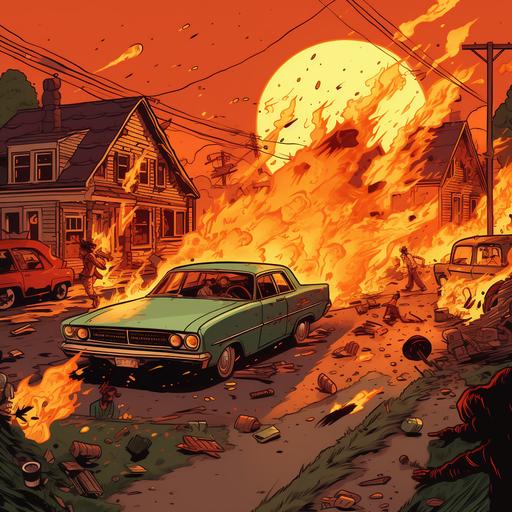 https:// a violent neighborhood, riots, lots of people, fighting, shooting guns, cars on fire. cartoon style art, retro colors