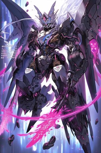 https://  a robot that is flying through the air, pixiv contest winner, shin hanga, fuchsia skin beneath the armor, full card design, demon black blue purple, ultra mega super hyper beautiful, intricate assasin mecha armor, 1/100 obturation speed, aion, ( ( god king of ai art ) ) --niji 5  --s 200 --ar 2:3