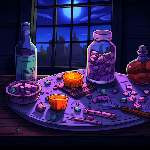 https:// cartoon style art, pills, cigarettes, and potions, purple liquid on a coffee table. cartoon style, retro colors