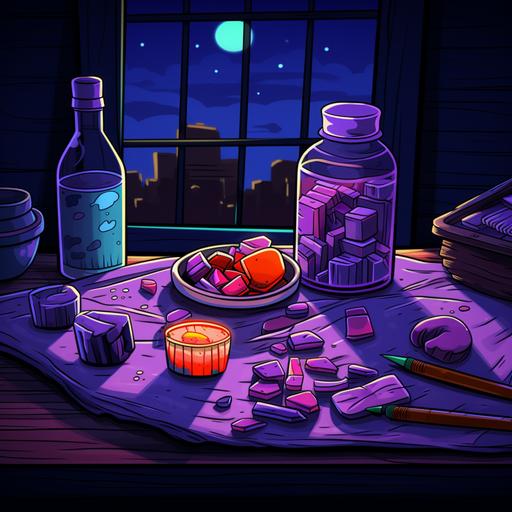 https:// cartoon style art, pills, cigarettes, and potions, purple liquid on a coffee table. cartoon style, retro colors