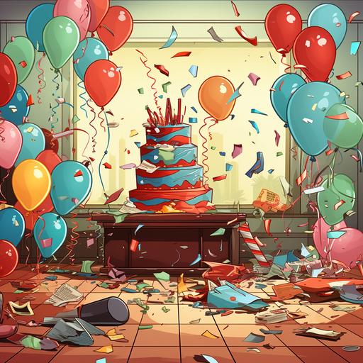 https:// cartoon style. birthday holiday decorations destroyed. balloons, streamers, cake. cartoon style. retro colors