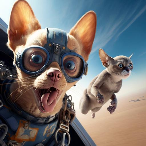 https:// crazy chihuahua and crazy blue Russian cat skydiving from a B-52 3d ultra high resolution high definition 4k 3d