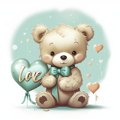 https:// create a teddy Bear, metallic colors mint, gold and white, holding a heart with word written on heart. 