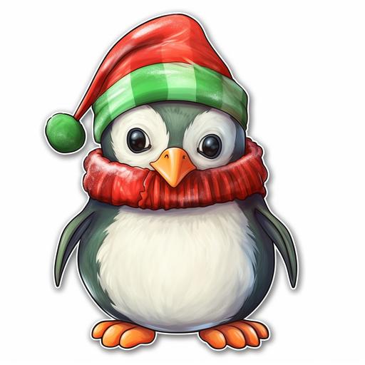 https:// cute christmas penguin, crocheted hat, on white background sticker style, oil pastel and watercolor style, png, red, green, white colors, smooth gradients, realistic, ultra detailed