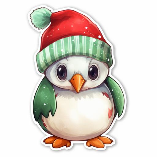 https:// cute christmas penguin, crocheted hat, on white background sticker style, oil pastel and watercolor style, png, red, green, white colors, smooth gradients, realistic, ultra detailed