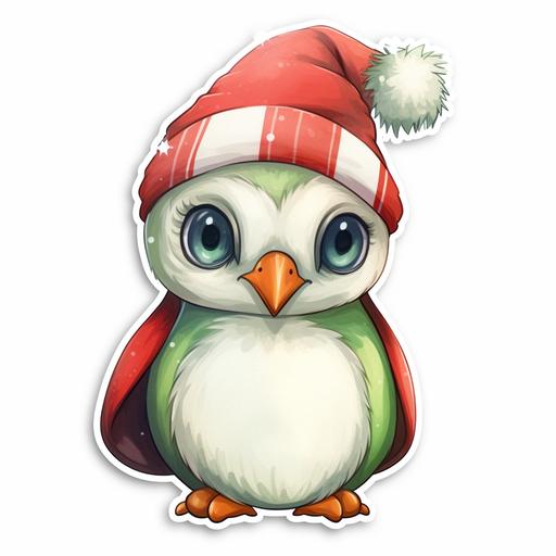 https:// cute christmas penguin, crocheted hat, on white background sticker style, oil pastel and watercolor style, png, red, green, white colors, smooth gradients, realistic, ultra detailed