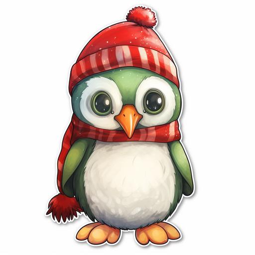 https:// cute christmas penguin, crocheted hat, on white background sticker style, oil pastel and watercolor style, png, red, green, white colors, smooth gradients, realistic, ultra detailed