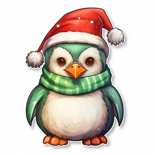 https:// cute christmas penguin, crocheted hat, on white background sticker style, oil pastel and watercolor style, png, red, green, white colors, smooth gradients, realistic, ultra detailed