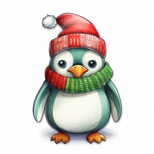 https:// cute christmas penguin, crocheted hat, on white background sticker style, oil pastel and watercolor style, png, red, green, white colors, smooth gradients, realistic, ultra detailed