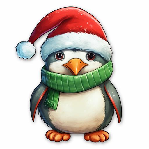 https:// cute christmas penguin, crocheted hat, on white background sticker style, oil pastel and watercolor style, png, red, green, white colors, smooth gradients, realistic, ultra detailed