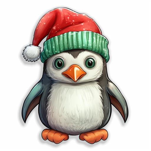 https:// cute christmas penguin, crocheted hat, on white background sticker style, oil pastel and watercolor style, png, red, green, white colors, smooth gradients, realistic, ultra detailed