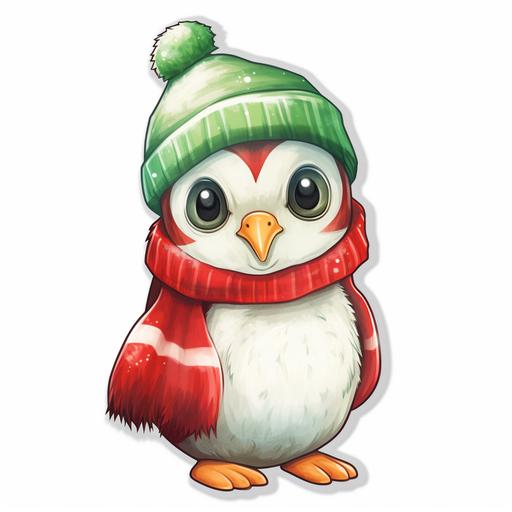 https:// cute christmas penguin, crocheted hat, on white background sticker style, oil pastel and watercolor style, png, red, green, white colors, smooth gradients, realistic, ultra detailed