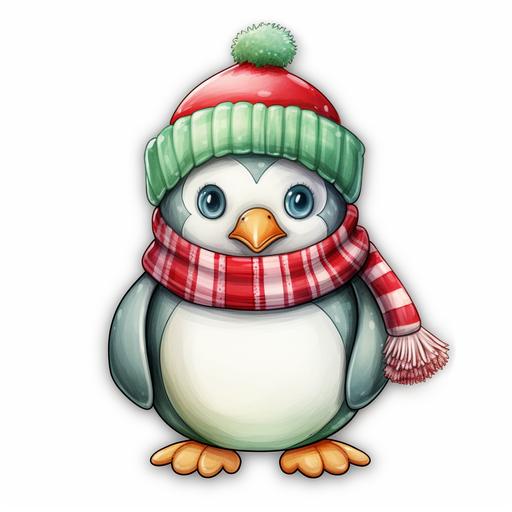 https:// cute christmas penguin, crocheted hat, on white background sticker style, oil pastel and watercolor style, png, red, green, white colors, smooth gradients, realistic, ultra detailed