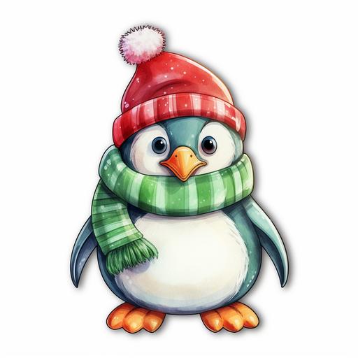 https:// cute christmas penguin, crocheted hat, on white background sticker style, oil pastel and watercolor style, png, red, green, white colors, smooth gradients, realistic, ultra detailed