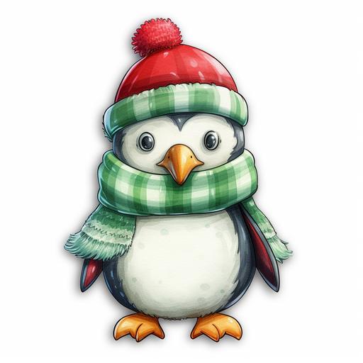 https:// cute christmas penguin, crocheted hat, on white background sticker style, oil pastel and watercolor style, png, red, green, white colors, smooth gradients, realistic, ultra detailed