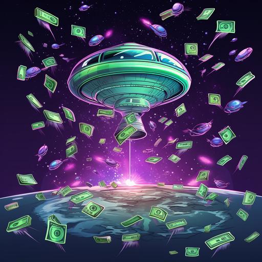 https:// lots of green money falling from outer space, bands of green money. stars, planets, spaceship ufo. cartoon style, retro colors, blue, purple
