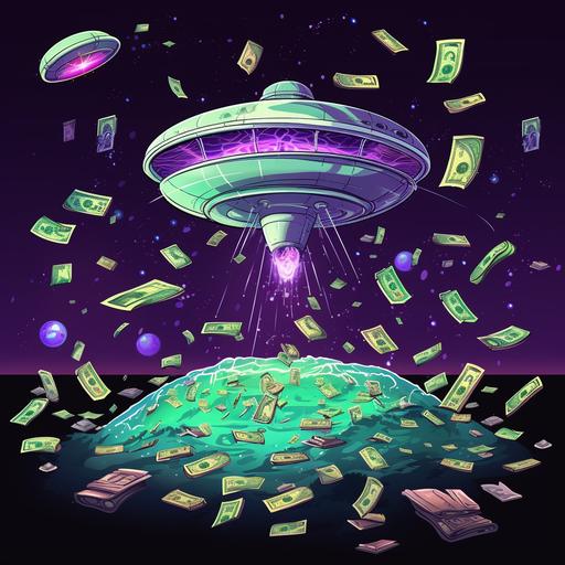 https:// lots of green money falling from outer space, bands of green money. stars, planets, spaceship ufo. cartoon style, retro colors, blue, purple