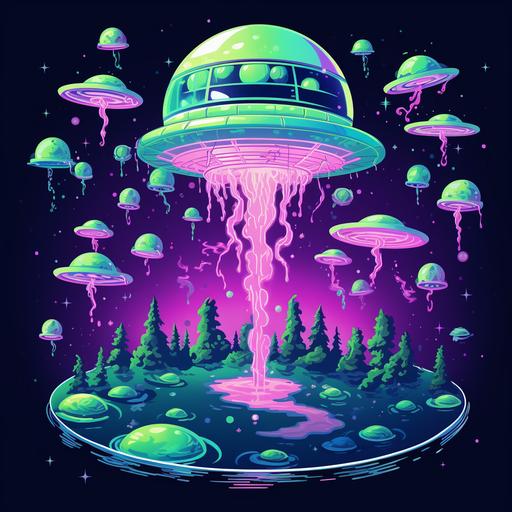 https:// lots of green money in outer space, dropping out of space ship ufo, stars, planets. cartoon style art, retro colors, lots of blue, purple, pink