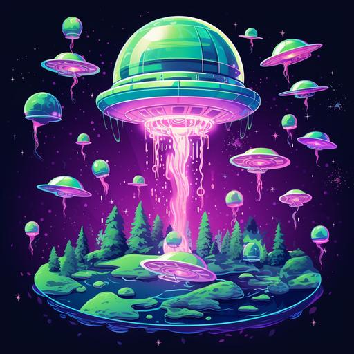https:// lots of green money in outer space, dropping out of space ship ufo, stars, planets. cartoon style art, retro colors, lots of blue, purple, pink