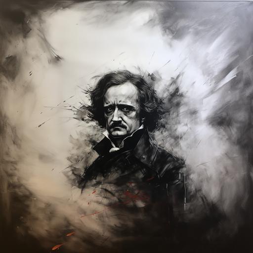 https:// portrait of Edgar Allan Poe, his face drawn in rough strong charcoal strokes