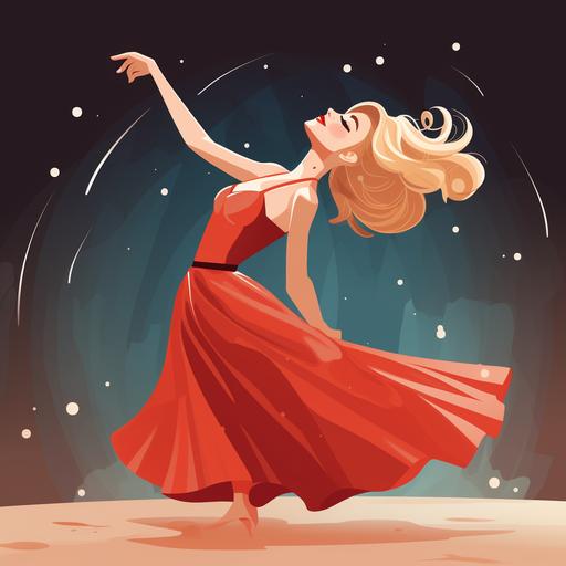 https:// sad lady dancing, blonde hair, red sparkling dress, crying, ballet dancing. cartoon style art, retro colors