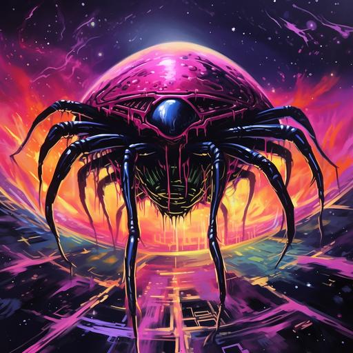 https:// venom spiderman, black splatter paint, retro purple dripping, retro yellow spaceship, retro red, wet paint. venom on top of a ufo saucer, ufo spaceship, futuristic purple metallic ufo spaceship. retro colors