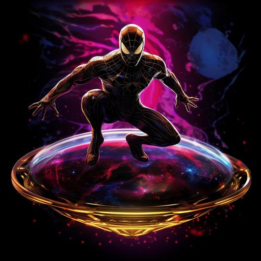 https:// venom spiderman on a ufo spaceship. retro black, retro purple, retro yellow, retro red splatter paint on venom. futuristic purple metallic ufo spaceship, living dark saucer ufo