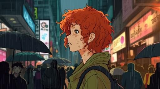 https:// white girl with short red curly hair, anime style, walking in a crowded street in tokyo, bright colours, very detailed. It's raining. We saw her from behind, the asphalt is wet --ar 16:9 --v 5