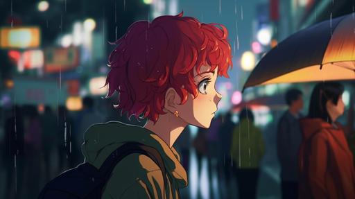 https:// white girl with short red curly hair, anime style, walking in a crowded street in tokyo, bright colours, very detailed. It's raining. We saw her from behind, the asphalt is wet --ar 16:9 --v 5