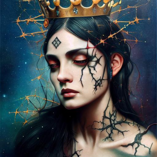 < < < FEMALE, TATTOO OF A CROSS WITH CROWN OF THORNS,COSMIC ENVIRONMENT by Karol Bak,FULL SHOT  --testp --upbeta