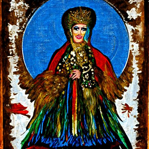 Orthodox icon of peacock drag queen God with peacock feather costume