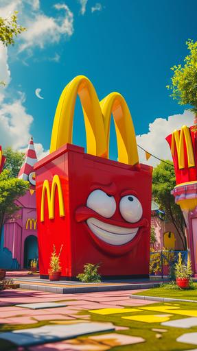 huge McDonald’s happy meal red box in a McDonald’s theme park. Surreal fun and colourful, bright. --ar 9:16 --v 6.0