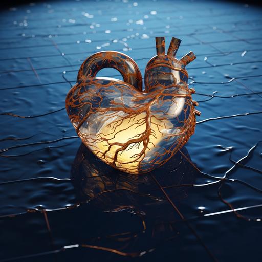 huge futuristic kintsugi heart floating around in water