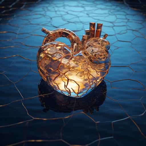 huge futuristic kintsugi heart floating around in water