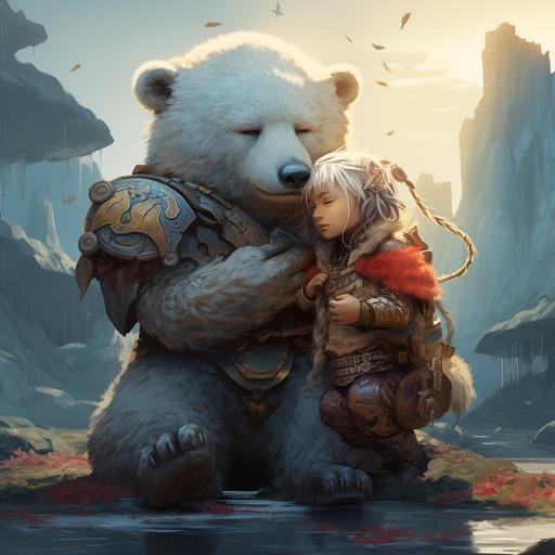huge loving bear and tiny warrior mouse in love in a fantasy world