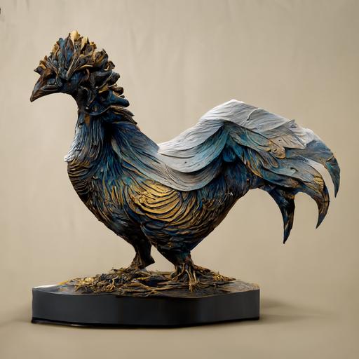 huge rooster paper statue grey-azure-gold color countryside background highly detailed unreal engine 8k