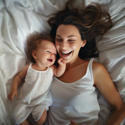 hugging baby in bed, top view from above, mother lies from below, baby closes up, heads in center, laughs, ultrarealistic, white bedding