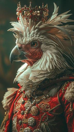 human body creature with white bird head with a crown and wings in red royal suit in parcific war in a big green imaginery world with green land and blue sky symbolism, 8K, HDR photography, photo realistic, style raw --ar 9:16 --stylize 750 --v 6.0