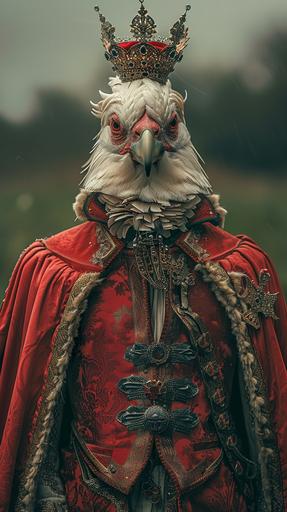 human body creature with white bird head with a crown and wings in red royal suit in parcific war in a big green imaginery world with green land and blue sky symbolism, 8K, HDR photography, photo realistic, style raw --ar 9:16 --stylize 750 --v 6.0