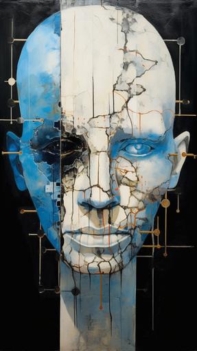 human face, annoted with diagrams of the tectonic plates and fissures on the human cranium, abstract surrealism, mixed media, black blue white, drippy and trippy --ar 9:16 --no letters, text, watermark, signature, caption, title, label --q 2 --v 5.1